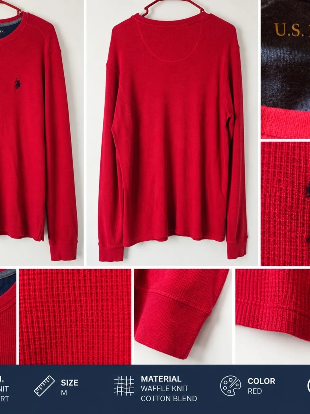 U.S. Polo Assn. Men's Red Waffle Knit Long Sleeve Thermal Shirt Size M